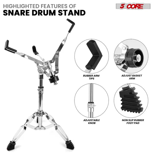 Adjustable Snare Drum Stand – Heavy Duty Double-Braced Tripod Stand with Drum Stick Holder