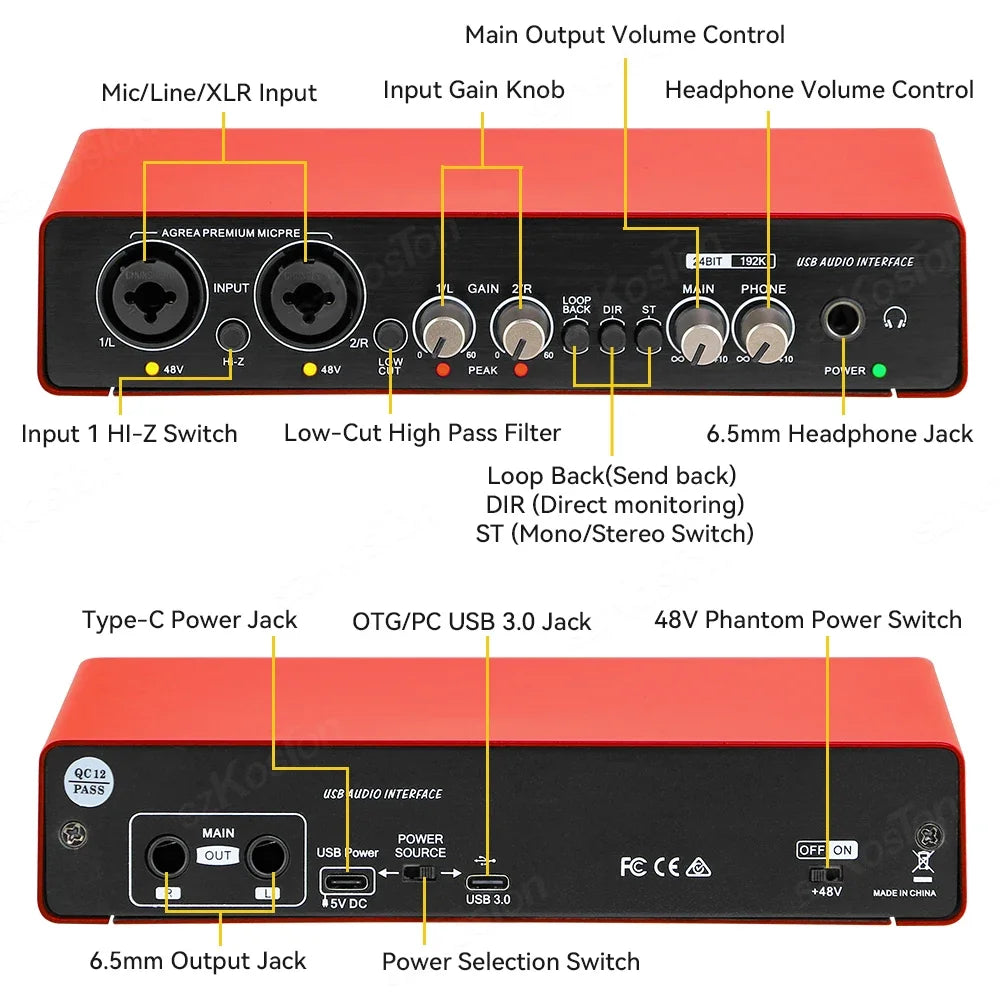 Music Production Audio Interface – USB External Sound Card for Home Studio Recording