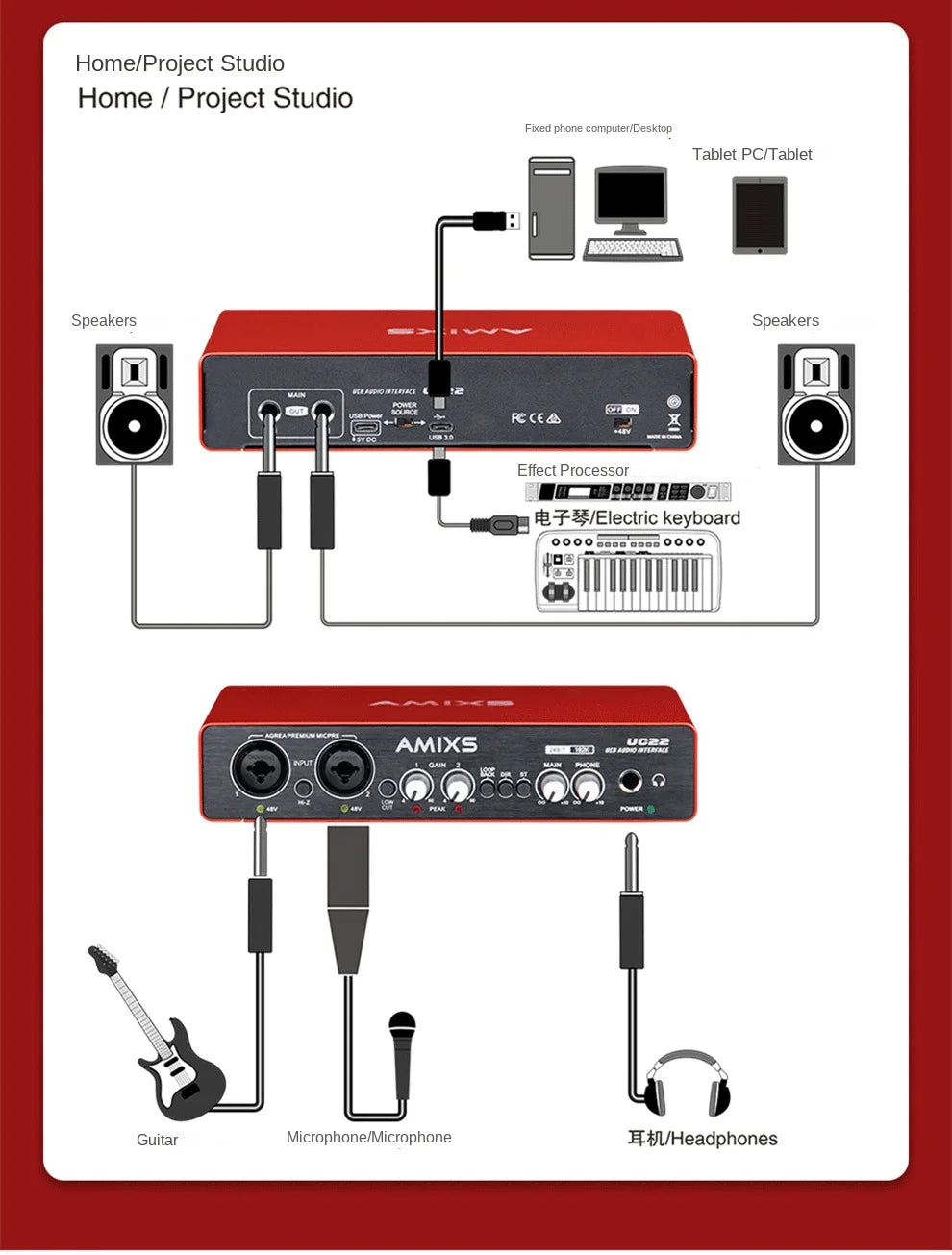 Music Production Audio Interface – USB External Sound Card for Home Studio Recording