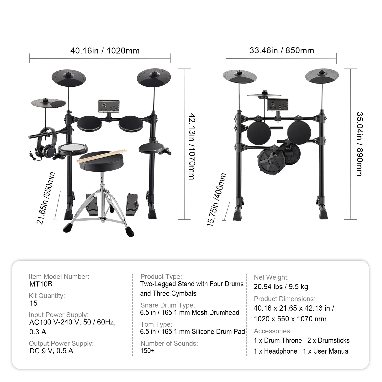 Electronic Drum Set – 15 Drum Kits & 150+ Sounds for Beginners and Home Practice